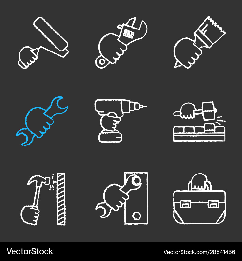 Hands holding instruments chalk icons set Hands holding instruments chalk icons set vector image