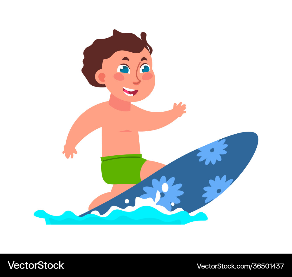 Kids surfing boy riding board on waves extreme Kids surfing boy riding board on waves extreme vector image