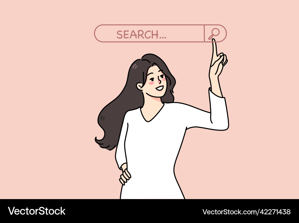 Smiling woman use searching line on computer Smiling woman use searching line on computer Vector Image