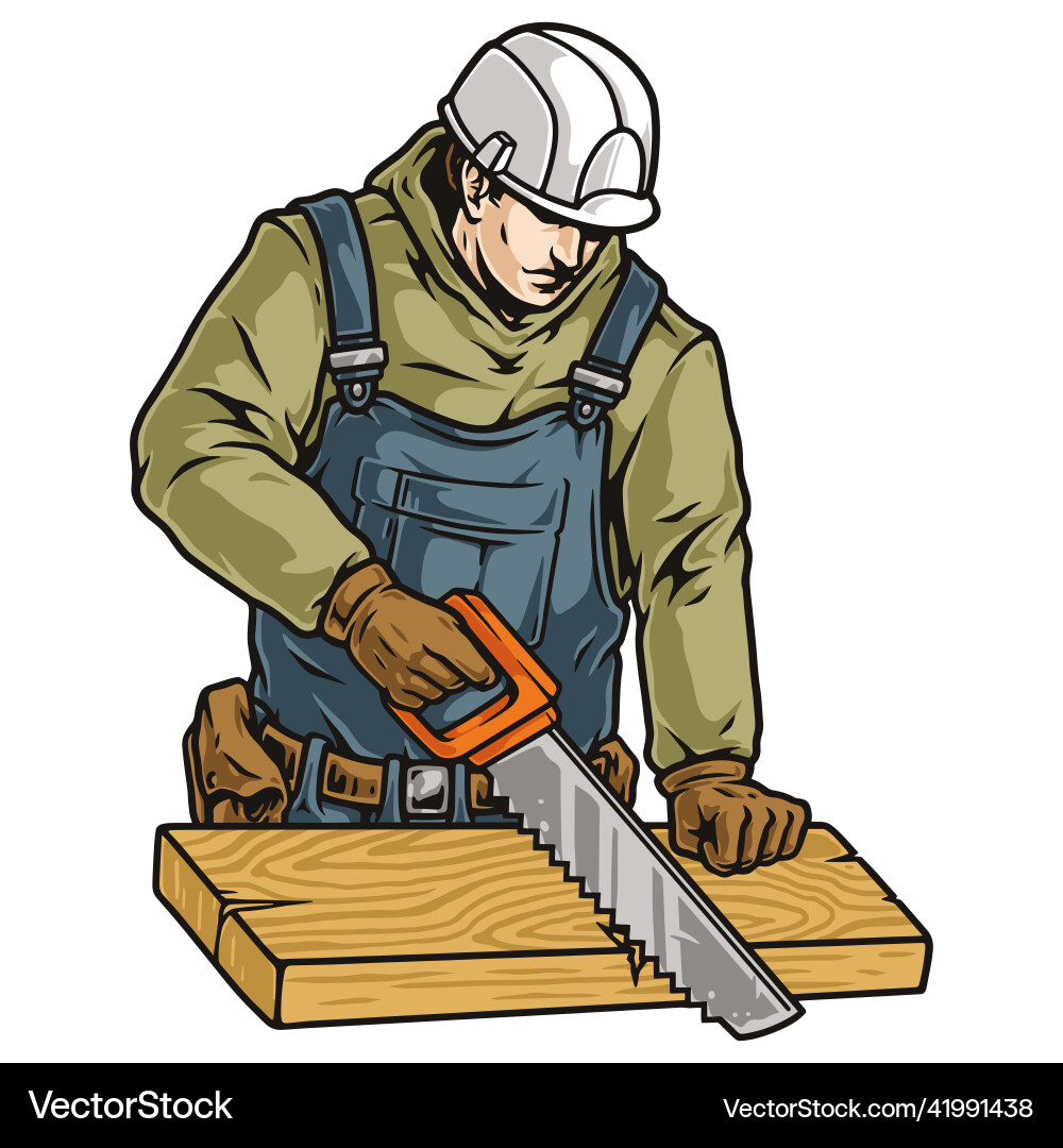Worker in hardhat using saw Worker in hardhat using saw vector image