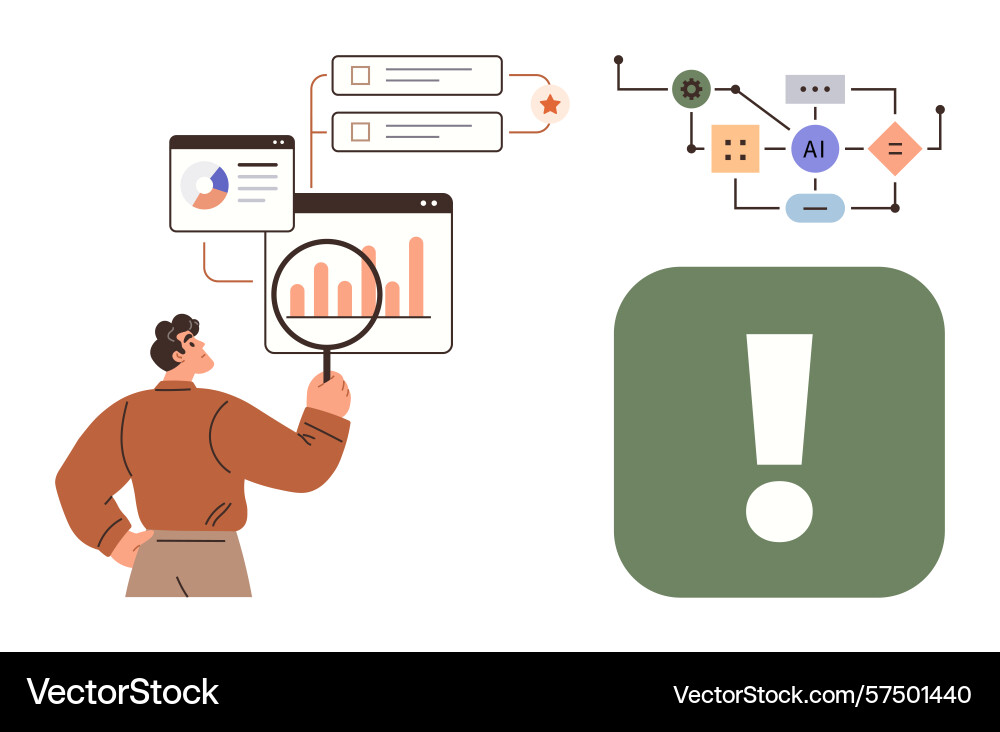 Analyst reviewing data with ai workflow diagram Analyst reviewing data with ai workflow diagram vector image