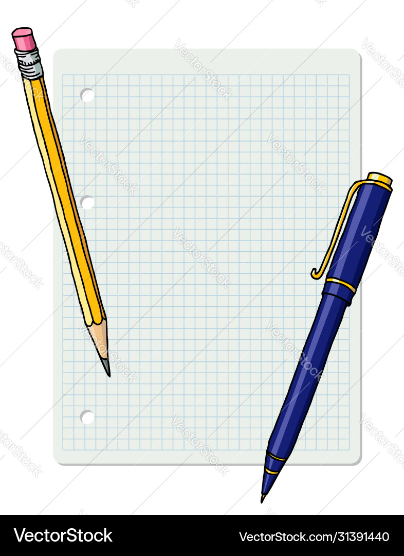 Pen and pencil over notepad sheet frame Vector Image