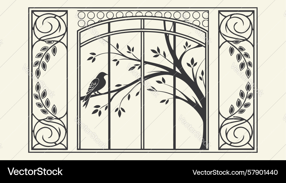 Tree with birds in ornate window frame nature Vector Image