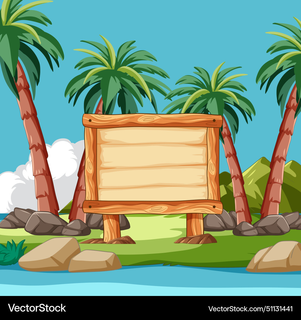 Empty signboard with palm trees and rocks Empty signboard with palm trees and rocks Vector Image