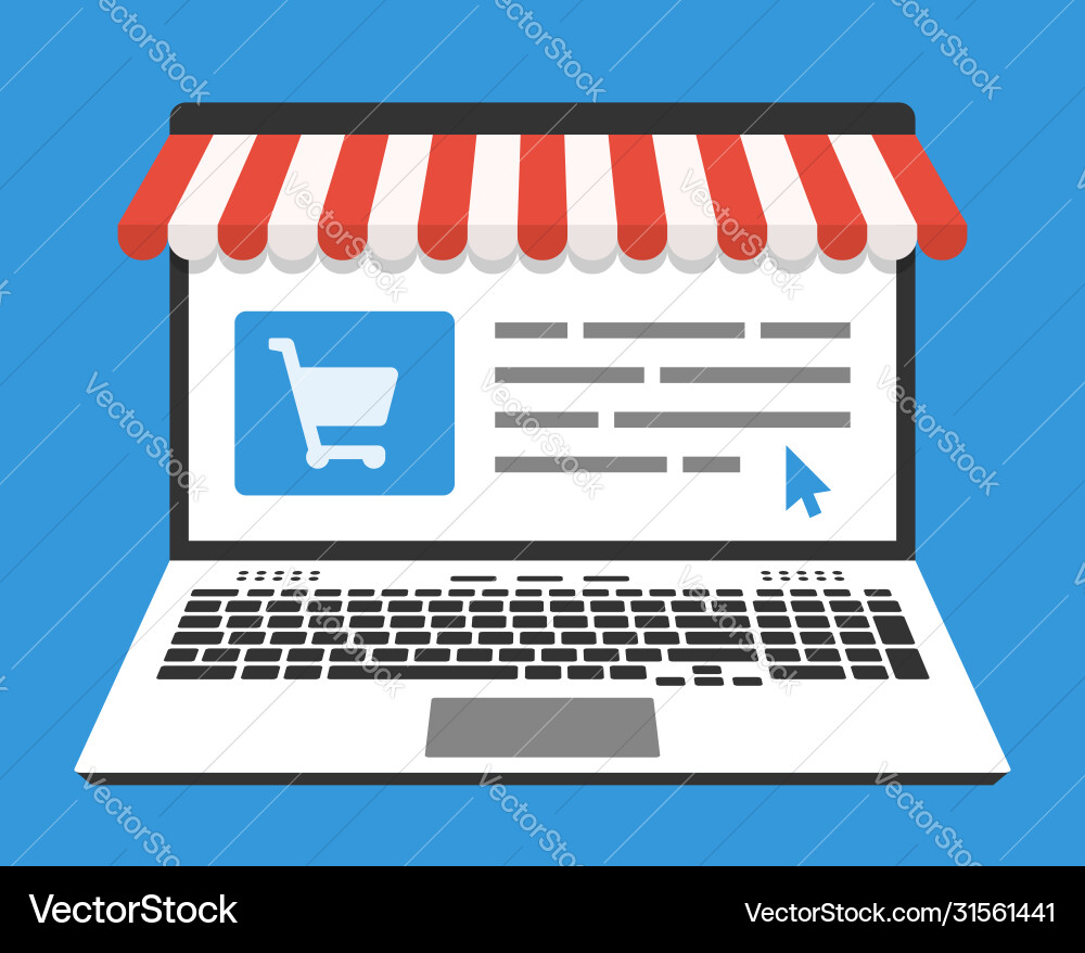 Laptop and web store on screen in flat design Vector Image