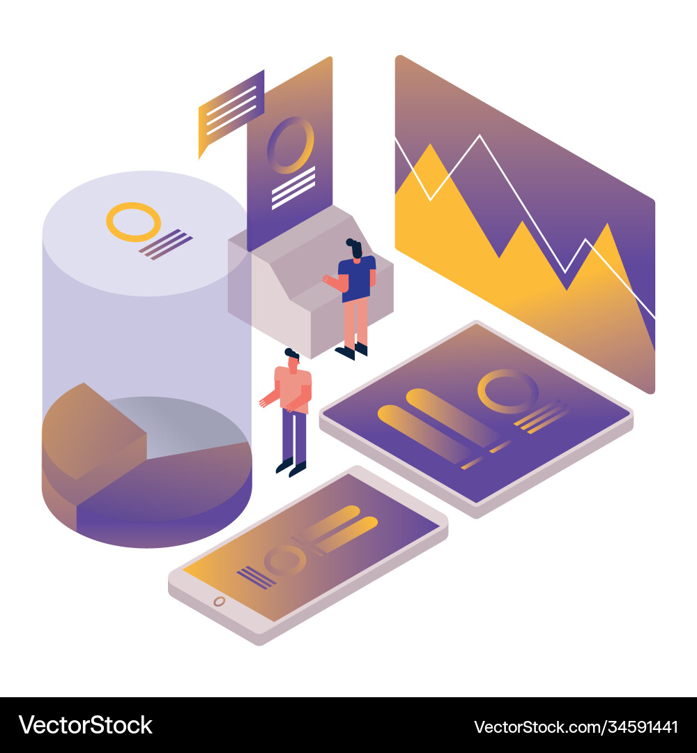 Men couple and charts with statistics pie Men couple and charts with statistics pie vector image