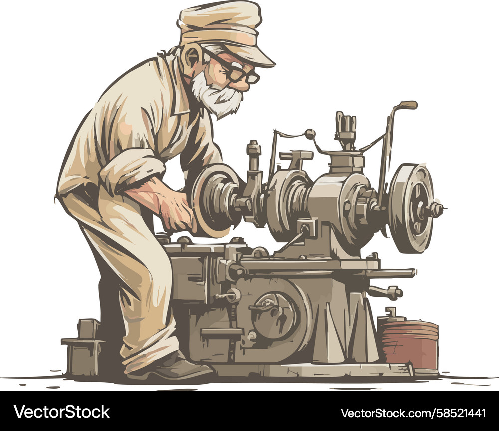 Old Machinist Working on a Lathe Vector Image