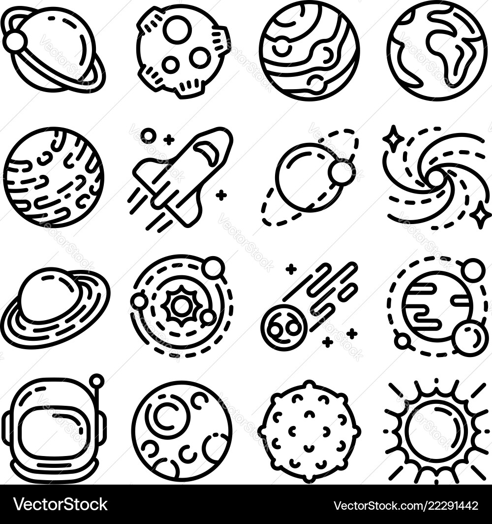 Planets Icon-Set Umriss Stil Planets Icon-Set Umriss Stil vektorbild