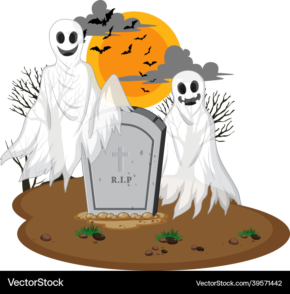 Spooky Halloween Ghosts with Headstone vector image