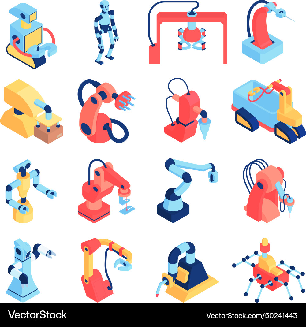 Colourful robots isometric set Vector Image