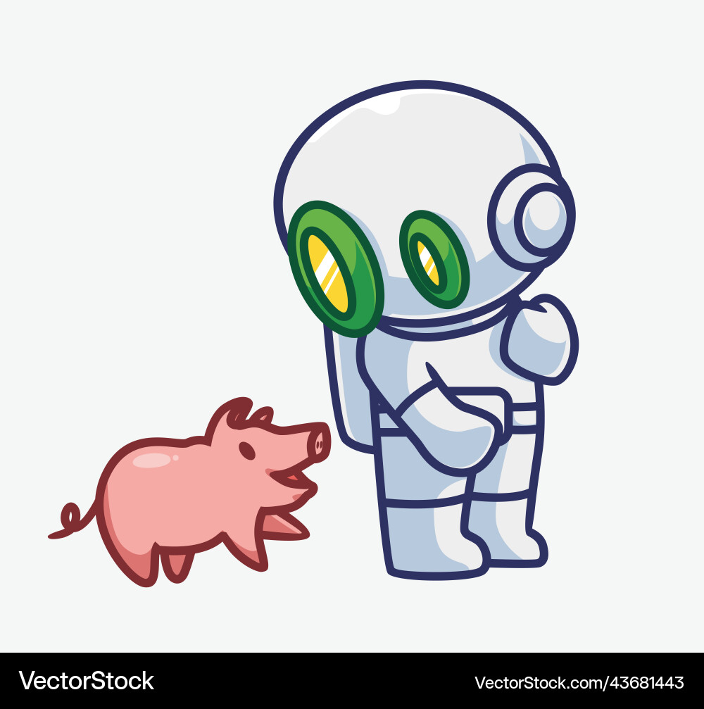 Cute astronaut robot followed by a pig isolated Cute astronaut robot followed by a pig isolated vector image