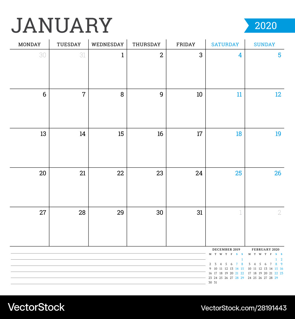 January 2020 square monthly calendar planner January 2020 square monthly calendar planner vector image
