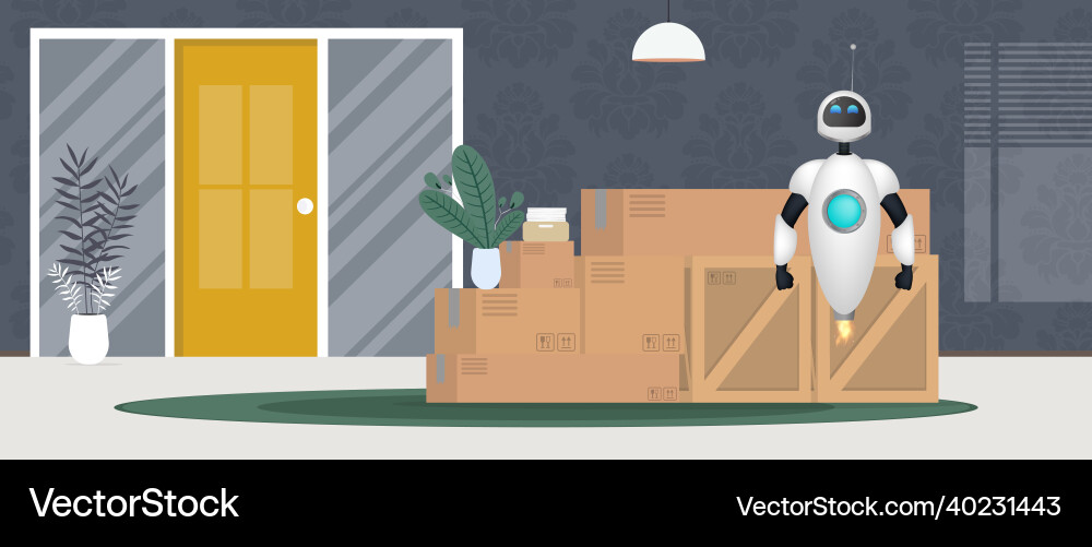 White flying robot on the background of boxes Vector Image