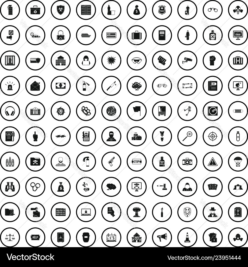 100 crime icons set simple style 100 crime icons set simple style vector image