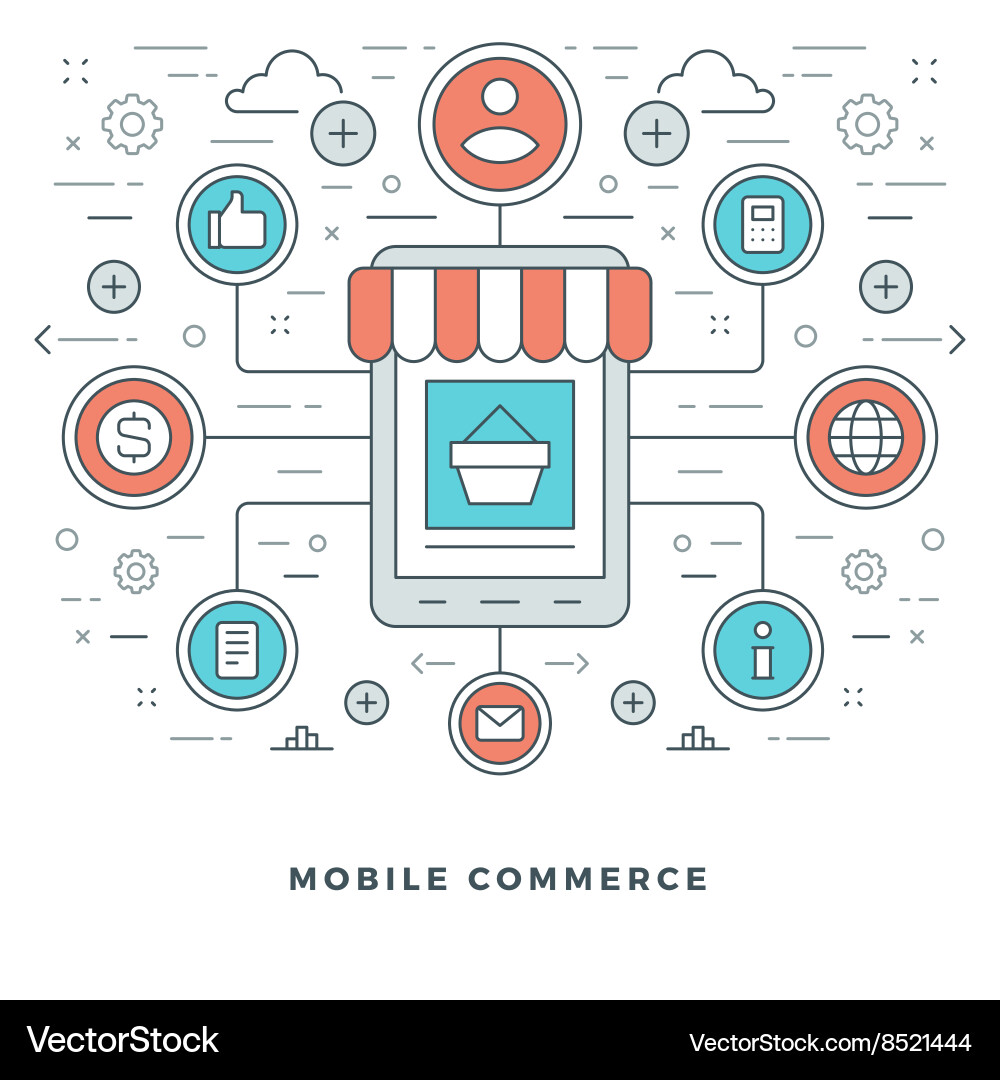 Flat line mobile commerce concept Royalty Free Vector Image
