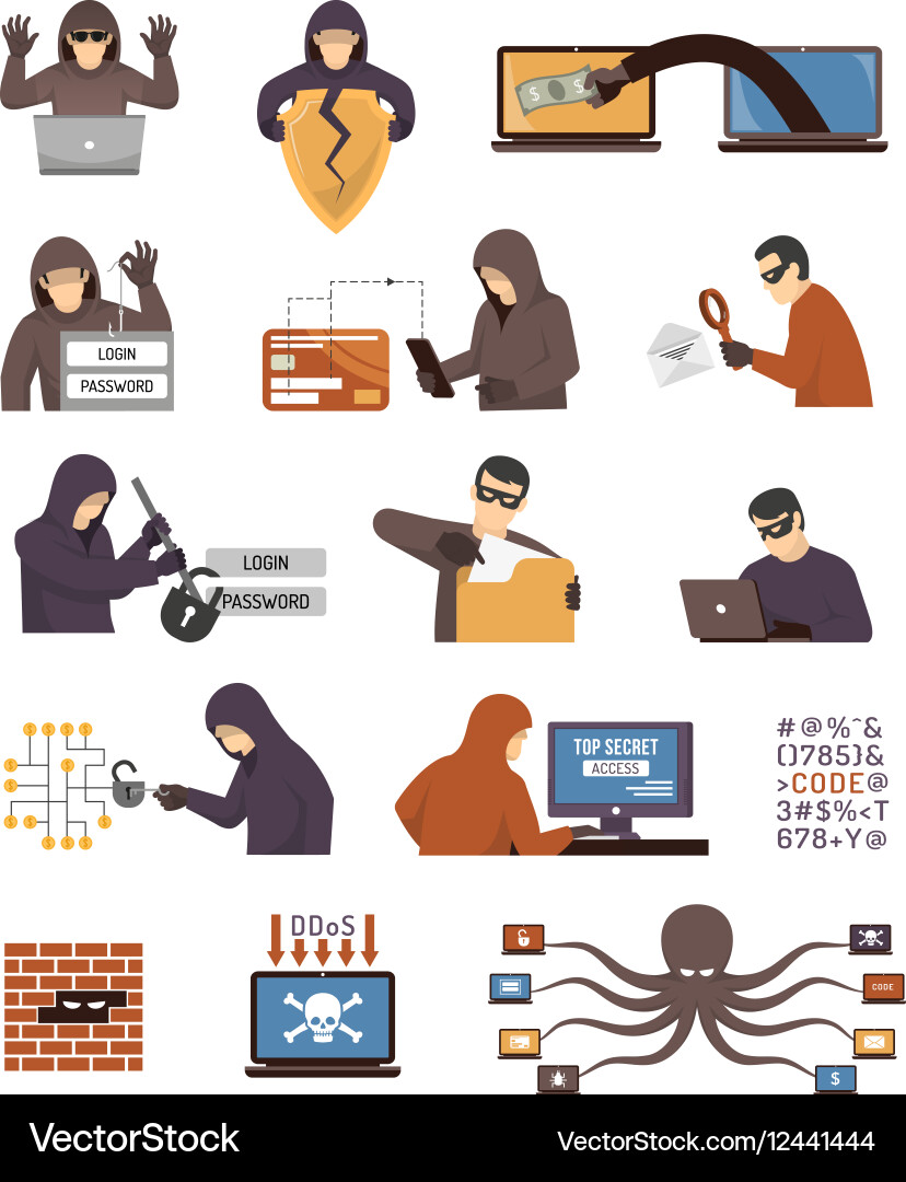 Internet security hackers flat icons set vector image