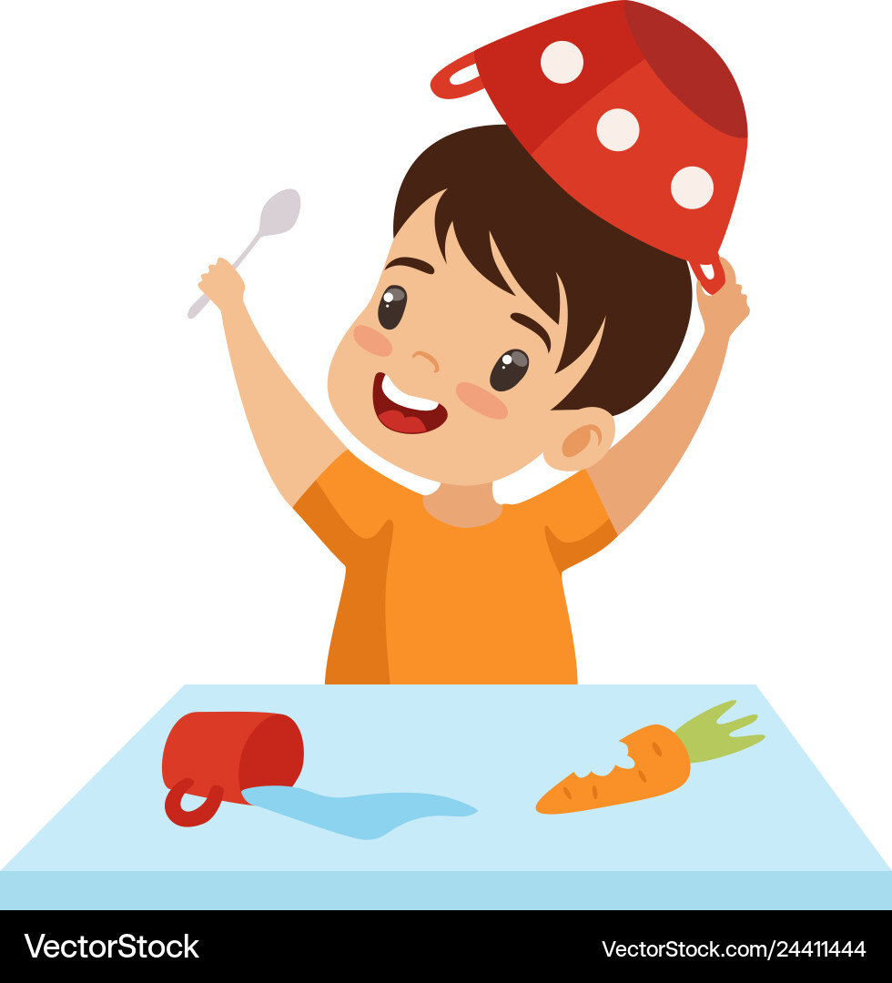 Junge blendend mit essen auf tisch niedlich freche kind Junge blendend mit essen auf tisch niedlich freche kind vektorbild