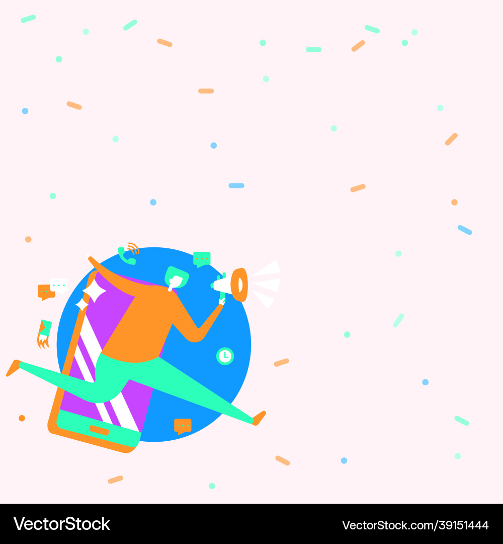 Man drawing holding megaphone running with mobile Man drawing holding megaphone running with mobile vector image