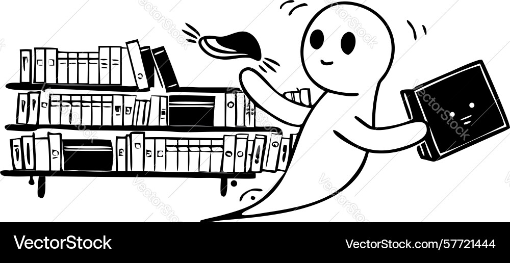 Playful ghost with stack of books in a library Vector Image