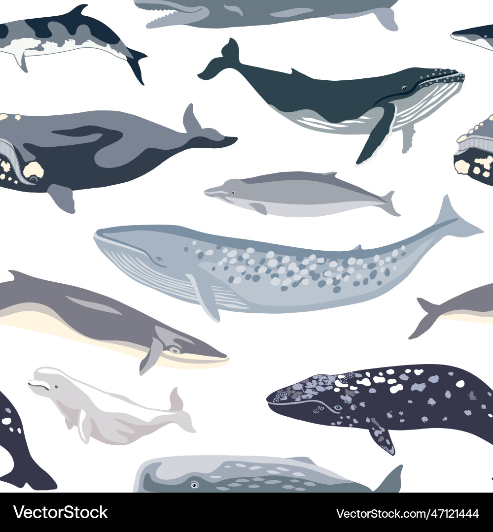 Simple seamless pattern with different whales Simple seamless pattern with different whales Vector Image