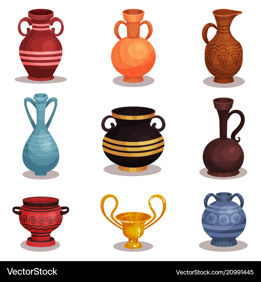Flaches Set von verschiedenen Amphoras alten griechischen Flaches Set von verschiedenen Amphoras alten griechischen vektorbild