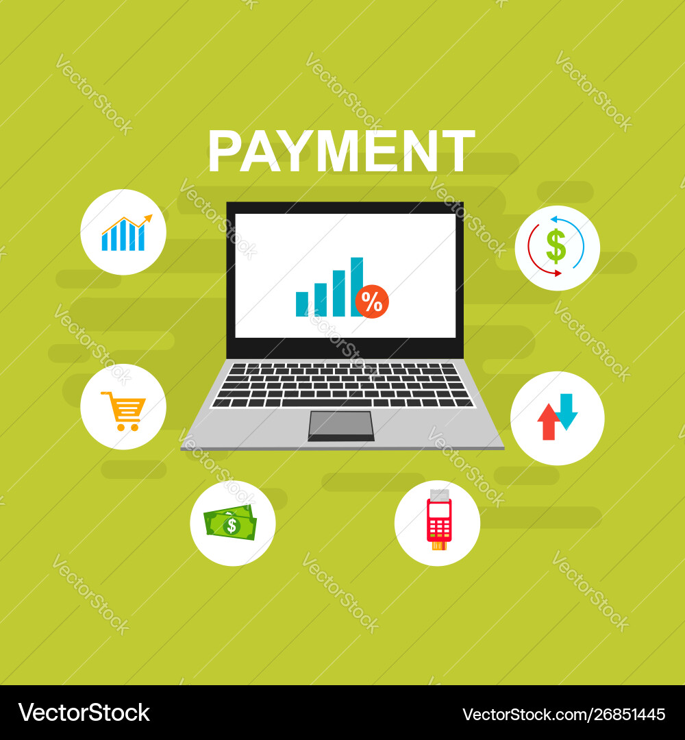 Online payment on computer flat cartoon big pay Online payment on computer flat cartoon big pay vector image