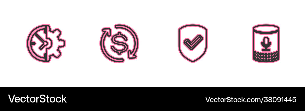 Set line clock and gear shield with check mark Set line clock and gear shield with check mark vector image