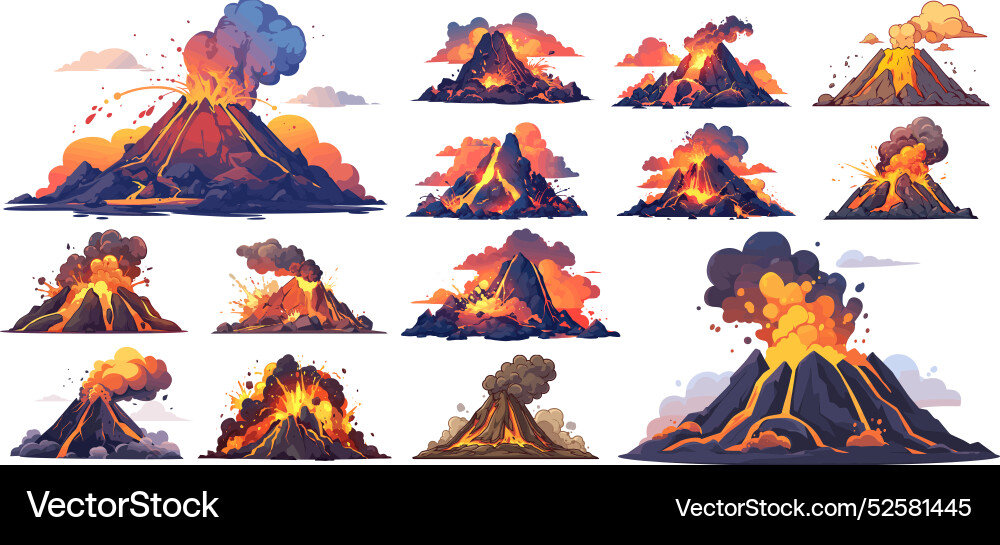 Volcanic eruption cartoon set volcano crater Volcanic eruption cartoon set volcano crater vector image