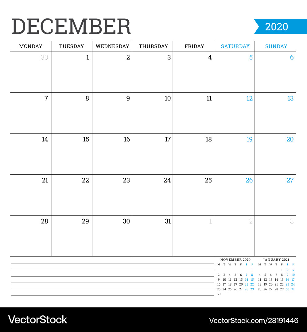 December 2020 square monthly calendar planner December 2020 square monthly calendar planner vector image