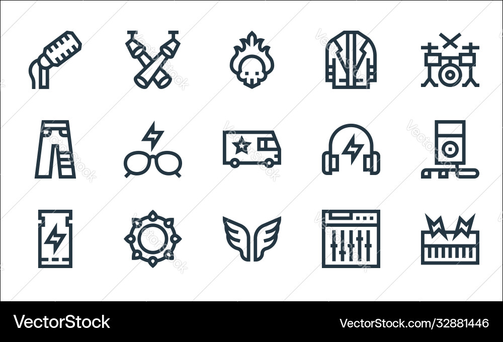 Rock and roll line icons linear set quality Rock and roll line icons linear set quality vector image