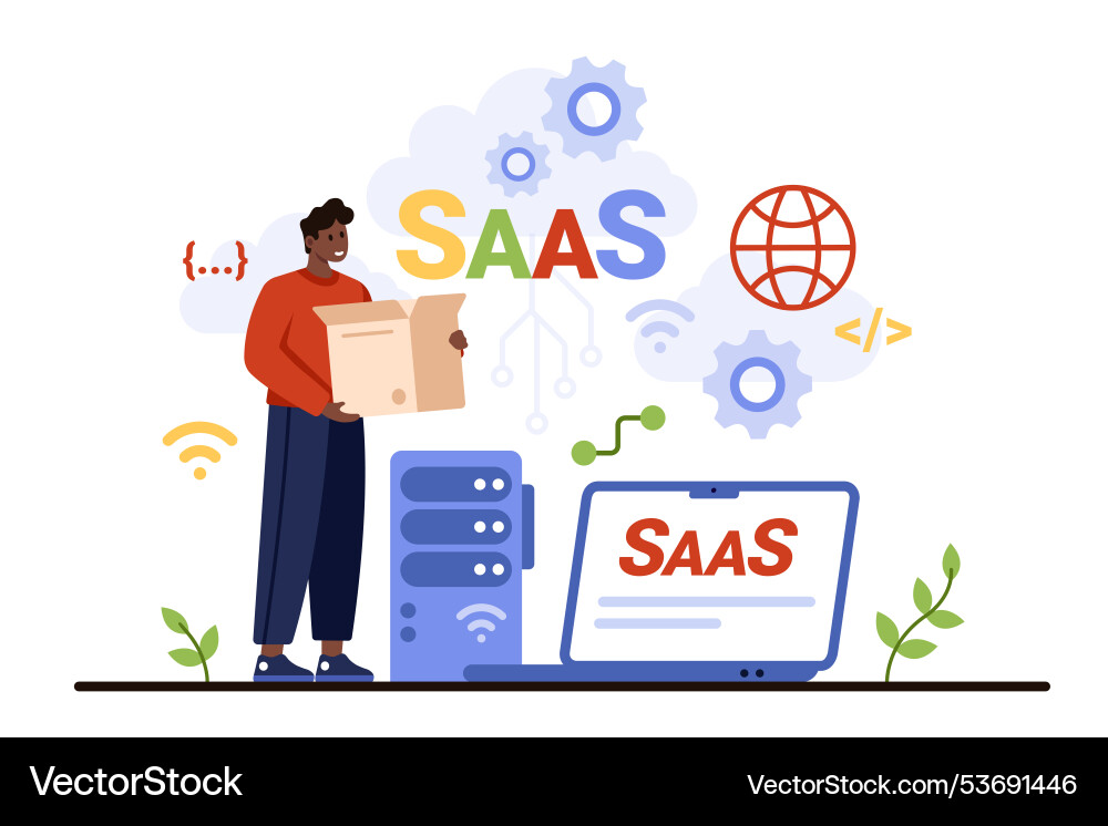 Saas software as service tiny man with digital Saas software as service tiny man with digital vector image