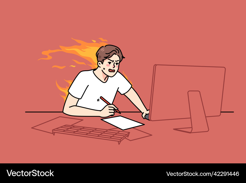 Stressed man work on computer with burning Vector Image
