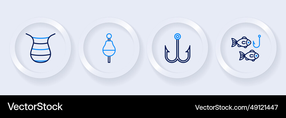 Set line fishing hook with fish float and net icon Set line fishing hook with fish float and net icon vector image