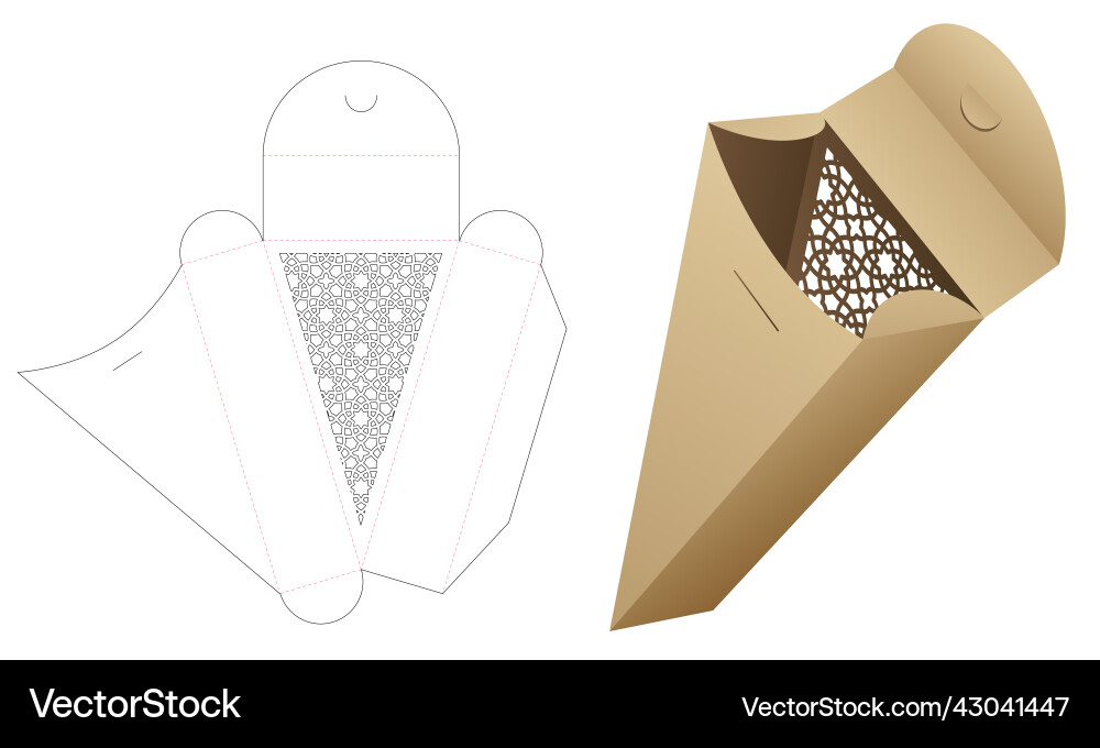 Triangular box with arabic pattern window die cut Triangular box with arabic pattern window die cut vector image
