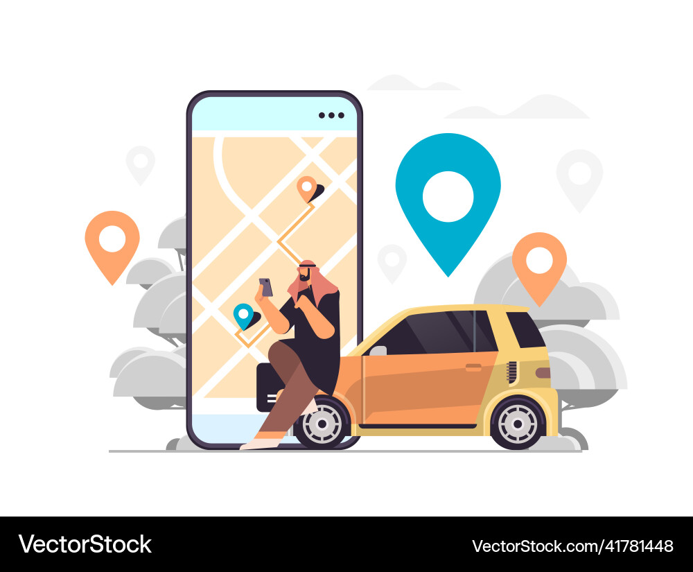 Arab businessman ordering car in mobile Arab businessman ordering car in mobile vector image