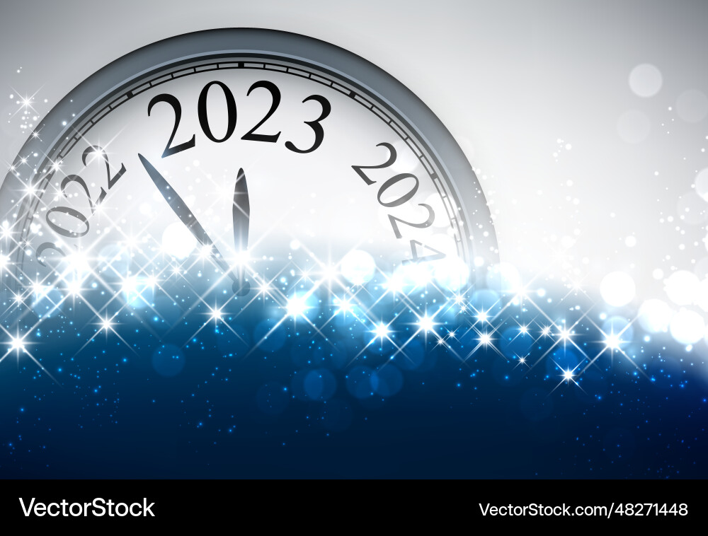 Clock with 2023 on blue background bokeh Clock with 2023 on blue background bokeh vector image