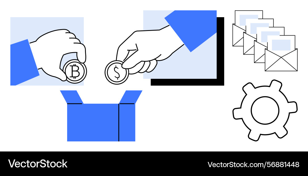 Hands transferring coins into open box with mail Hands transferring coins into open box with mail vector image