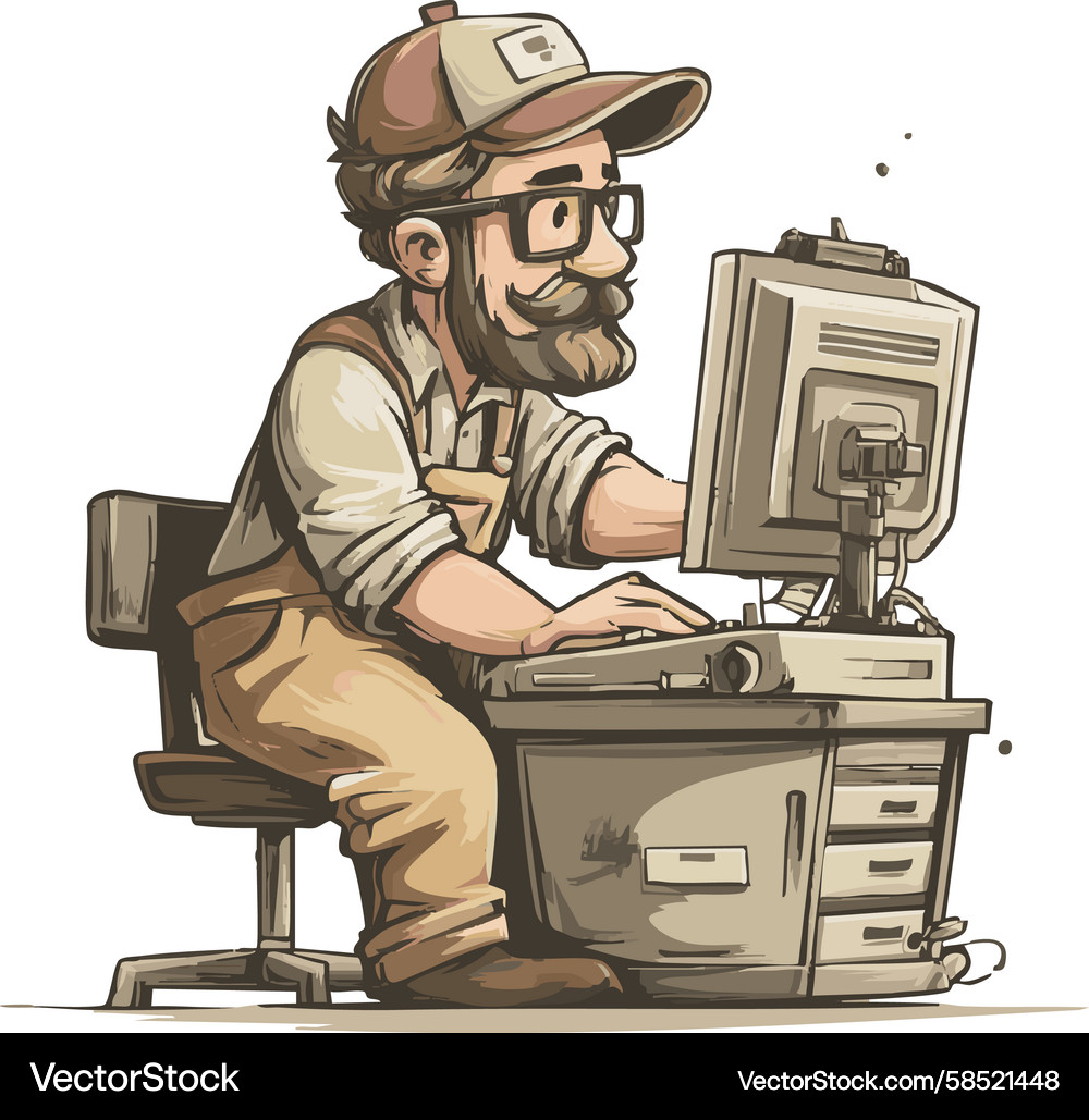Man Working on Computer - Tech Illustration Vector Image