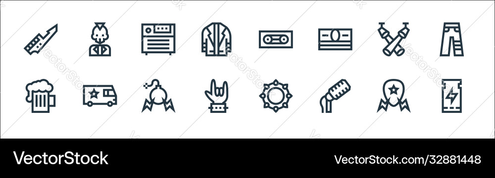 Rock and roll line icons linear set quality Rock and roll line icons linear set quality vector image
