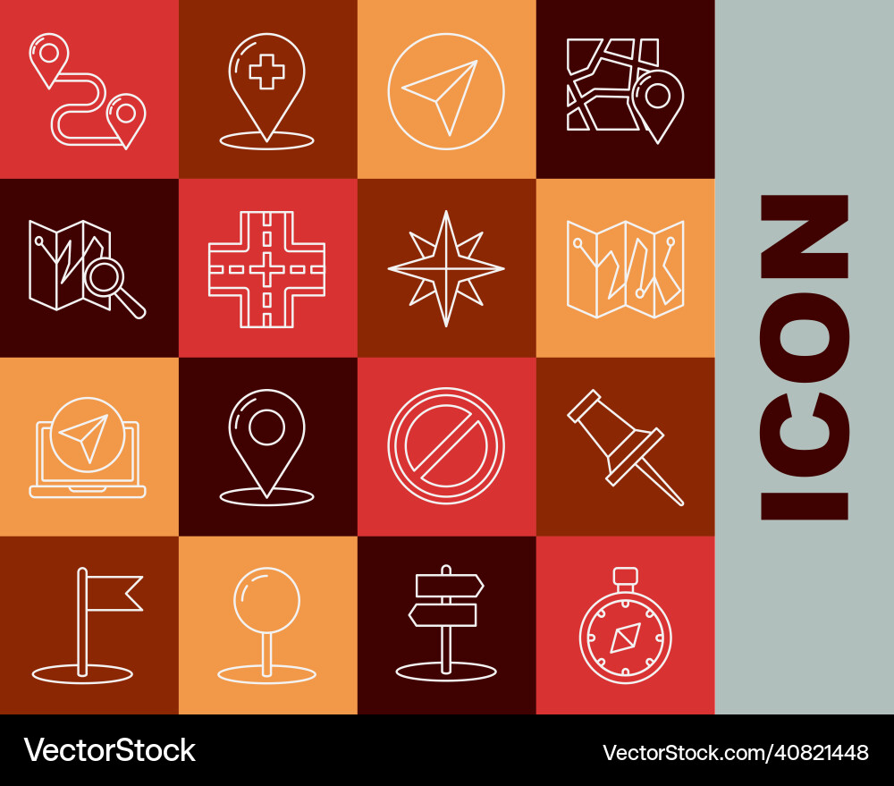 Set line compass push pin folded map Set line compass push pin folded map vector image