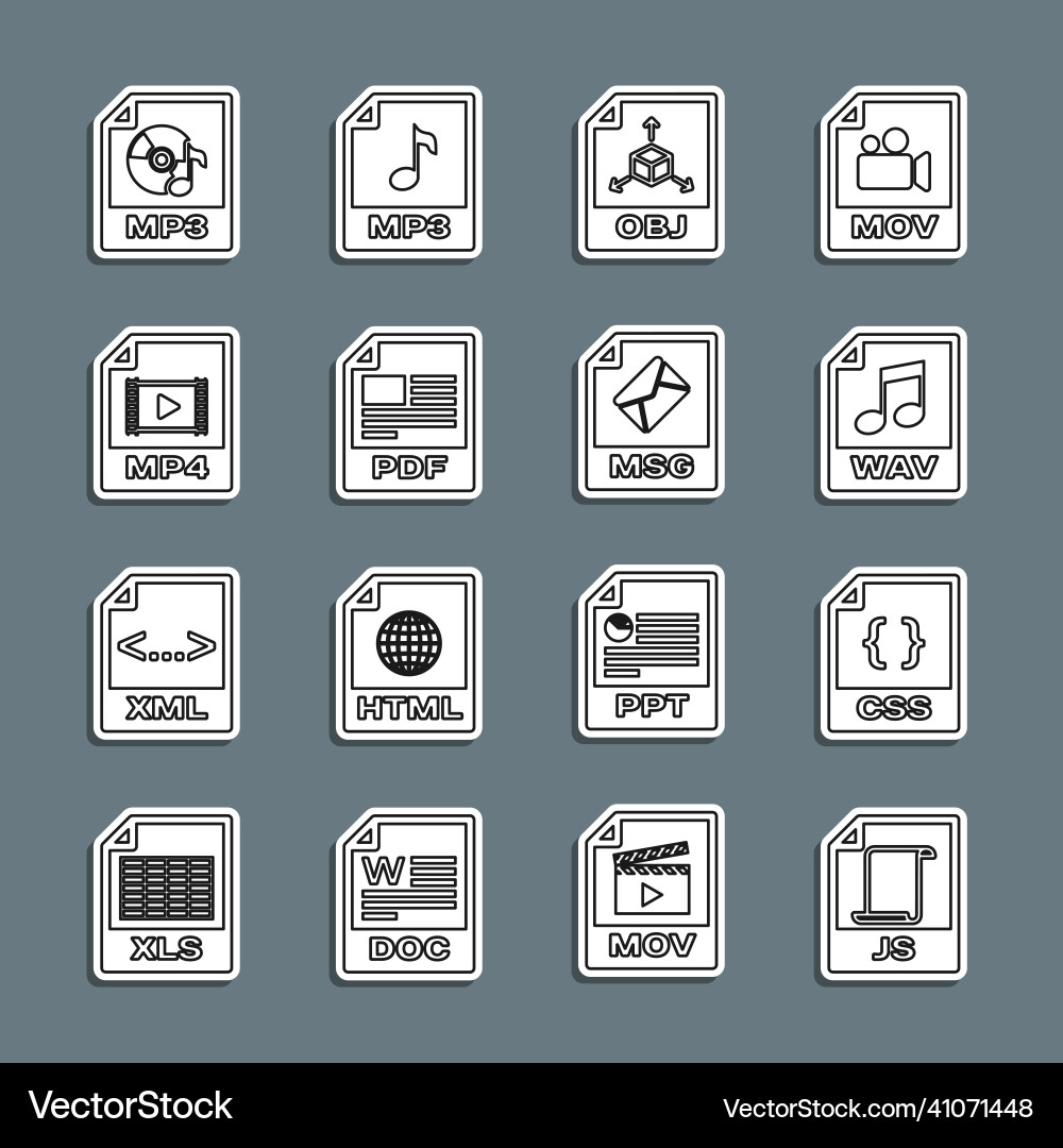 Set line js file document css wav obj pdf mp4 Set line js file document css wav obj pdf mp4 vector image