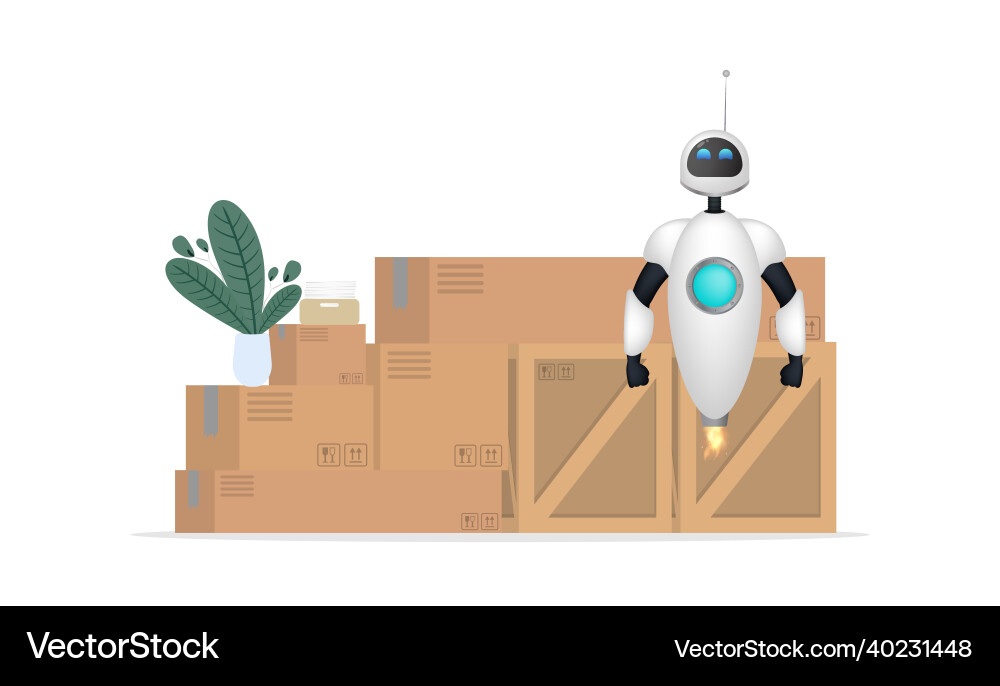 White flying robot on the background of boxes White flying robot on the background of boxes Vector Image