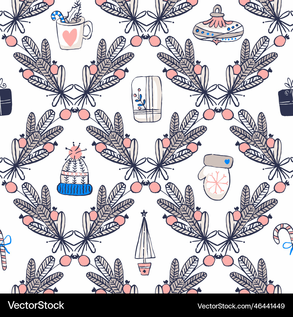 Berry bunches with winter objects seamless pattern Berry bunches with winter objects seamless pattern Vector Image