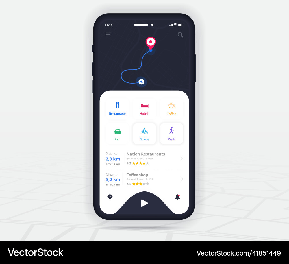 Map gps navigation app ux ui concept mobile Map gps navigation app ux ui concept mobile Vector Image