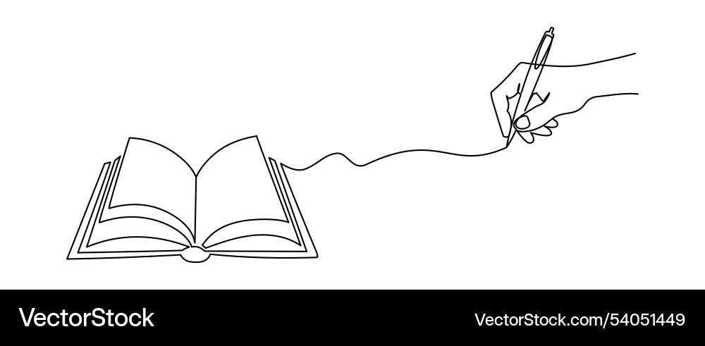Opened book with hand and pen in one continuous Opened book with hand and pen in one continuous vector image