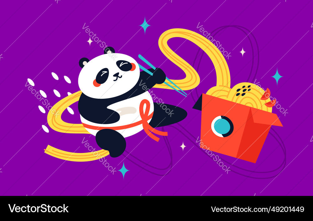 Panda eating wok - modern colored vector image