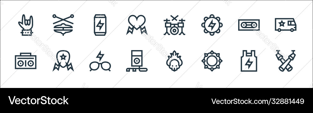 Rock and roll line icons linear set quality vector image