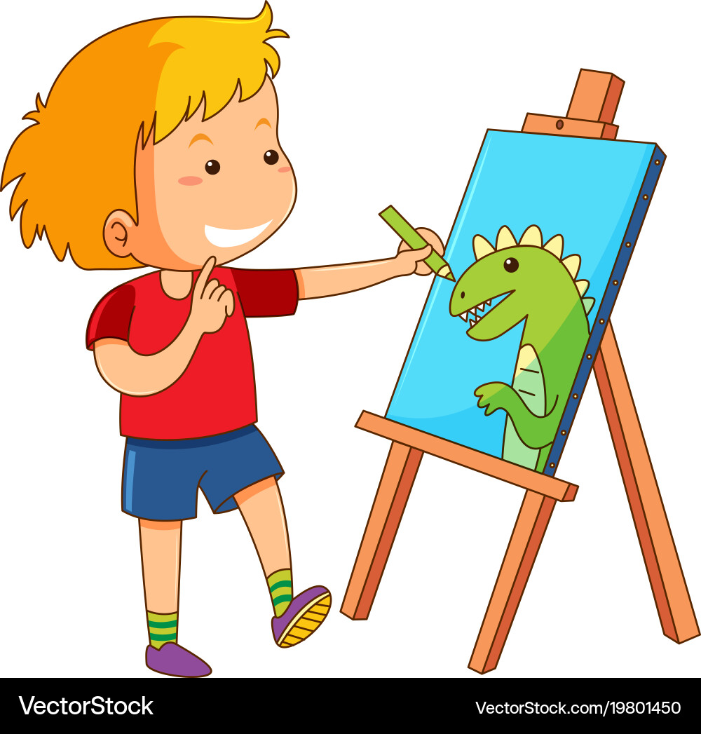 Boy drawing dragon on canvas Royalty Free Vector Image