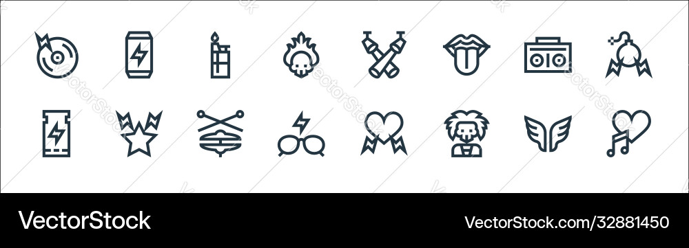 Rock and roll line icons linear set quality Rock and roll line icons linear set quality vector image