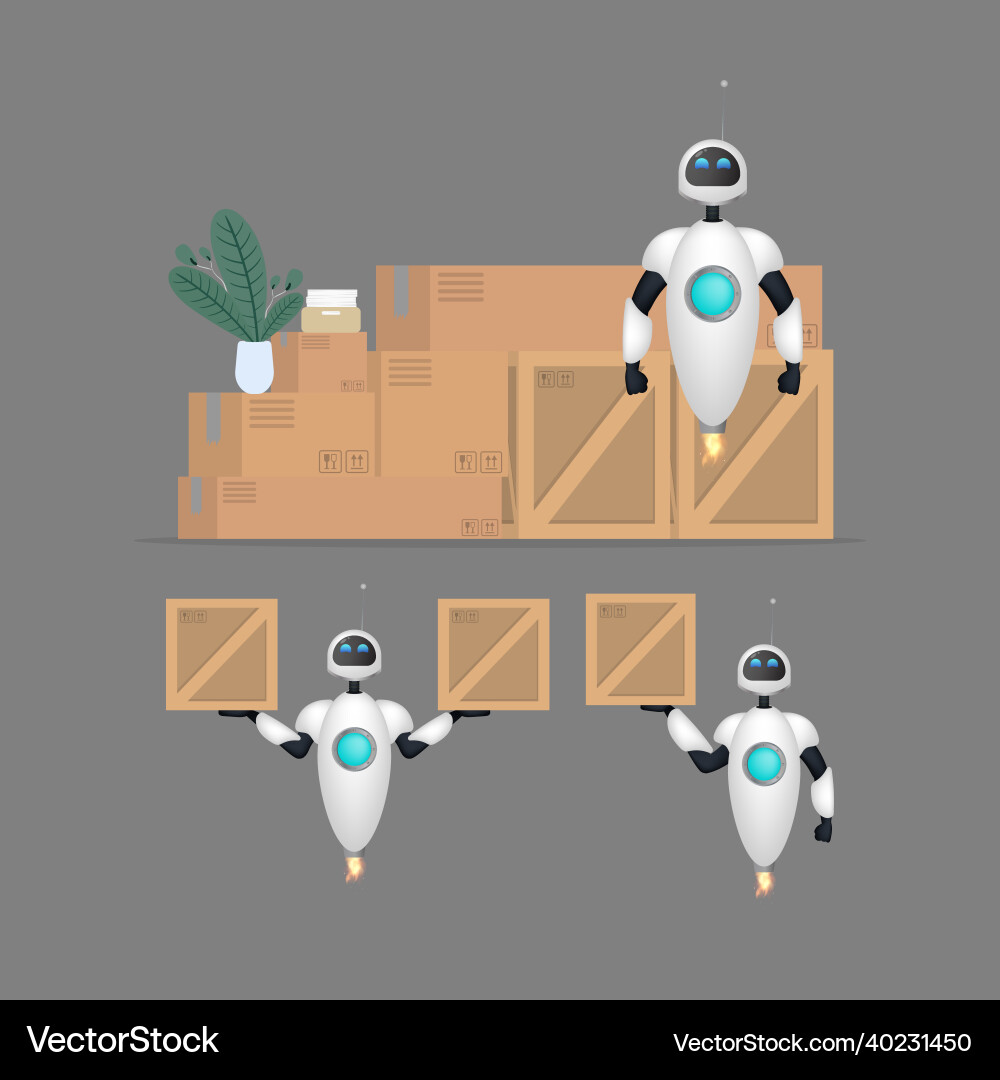 Set of white flying robots with boxes delivery Set of white flying robots with boxes delivery vector image
